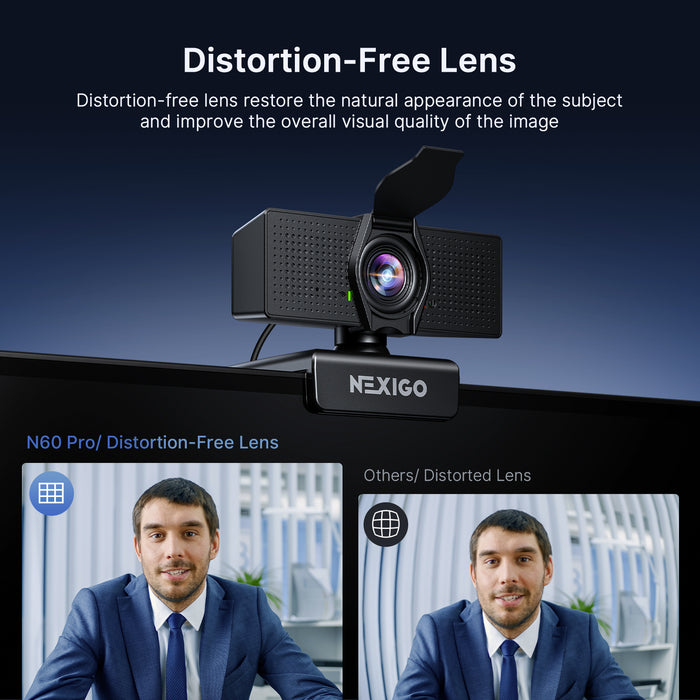 A comparison image showing a person using the N60 Pro webcam with no distortion, while other webcams show noticeable distortion.