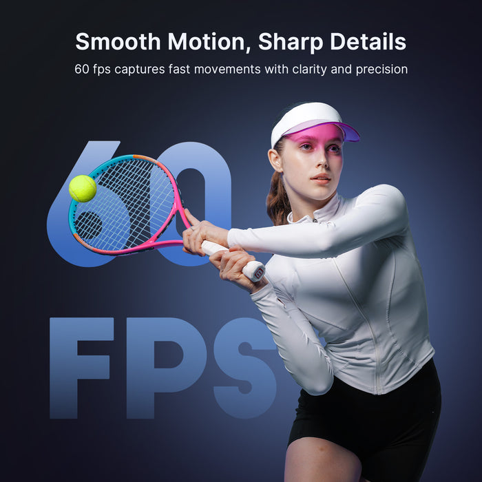A woman playing tennis, with “60fps” printed on the back.