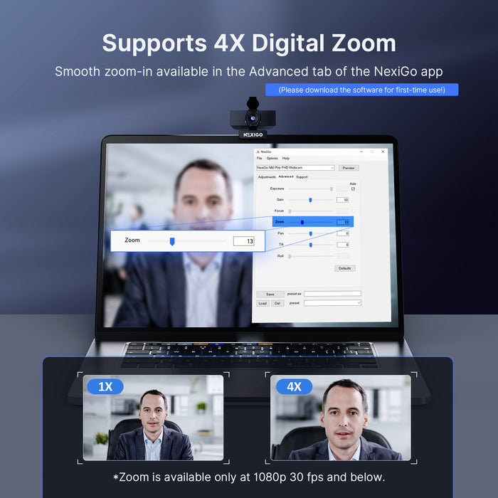 A man adjusting 4× zoom using the NexiGo app.