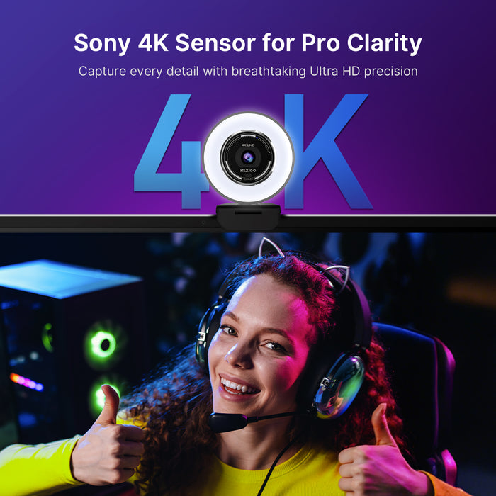 NexiGo N680E Pro mounted on a PC, LED on, with “4K” in the background