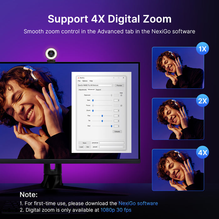 4X zoom enabled via the NexiGo Webcam App
