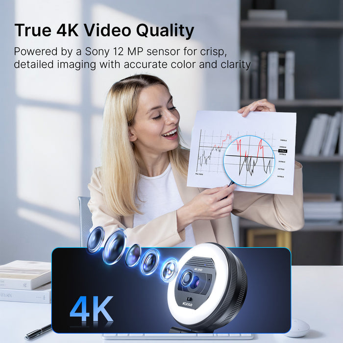 Woman presenting a chart while showcasing a 4K webcam with a Sony sensor