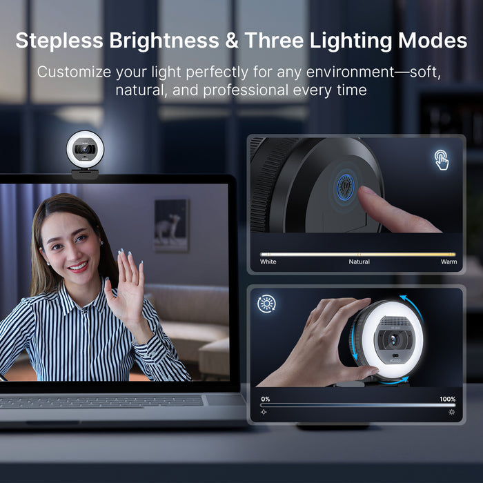 A woman adjusting the webcam’s brightness and lighting modes