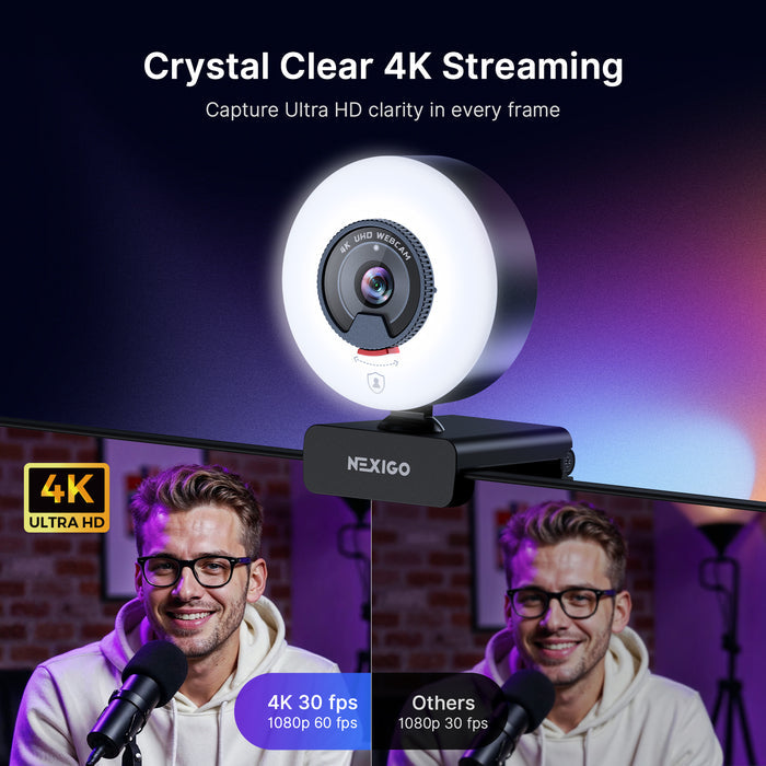 NexiGo N960E Plus 4K Webcam with Ring Light & Remote Control
