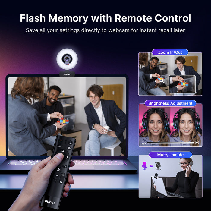 NexiGo N960E Plus 4K Webcam with Ring Light & Remote Control