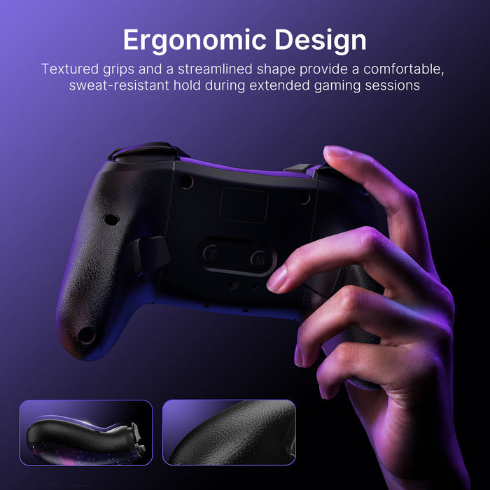 Hand holding Hall Effect controller with comfortable textured grips.