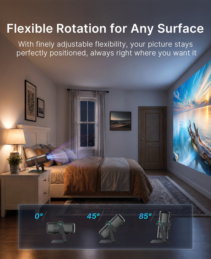 Beside the bedside table, TS06 stand holds a PJ40 Pro, showing image