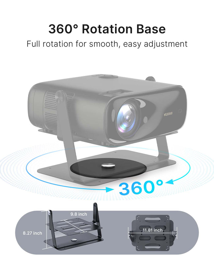 TS06 stand offers 360° rotation and shows its product dimensions.