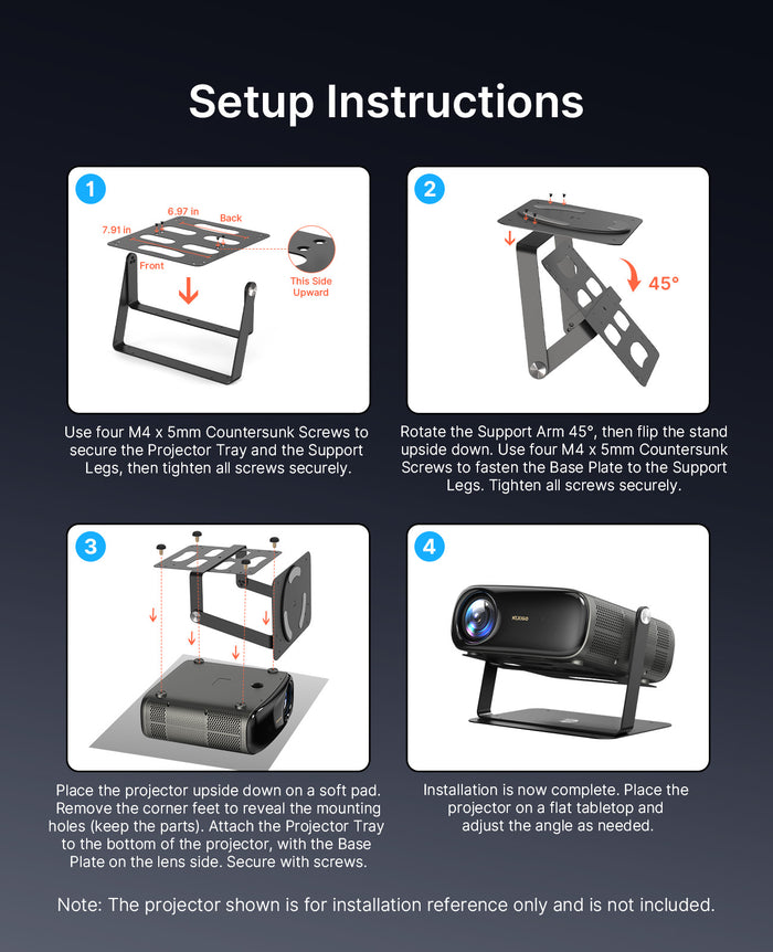 Step-by-step installation guide for the TS06 projector stand.