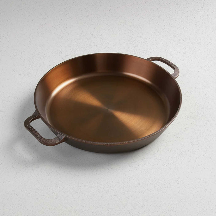 Smithey No. 14 dual handle skillet angled view