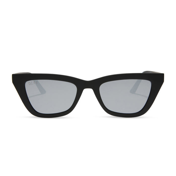 diff eyewear noelle cat eye sunglasses with a matte black frame and grey lenses front view