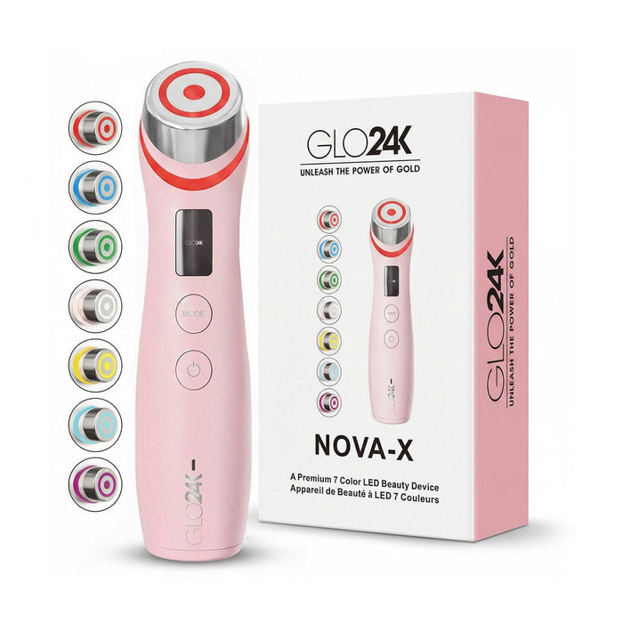 Pink beauty device with 'GLO24K' branding and packaging on a white background