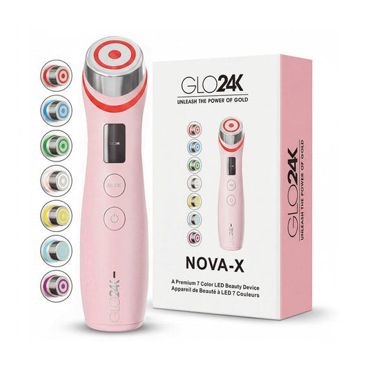 Pink beauty device with 'GLO24K' branding and packaging on a white background