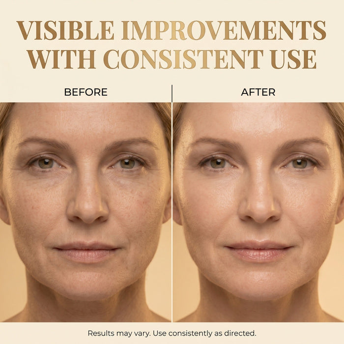 Before-and-after comparison of a woman's face showing visible skin improvement, with the text 'VISIBLE IMPROVEMENTS WITH CONSISTENT USE' at the top and 'BEFORE' and 'AFTER' labels.