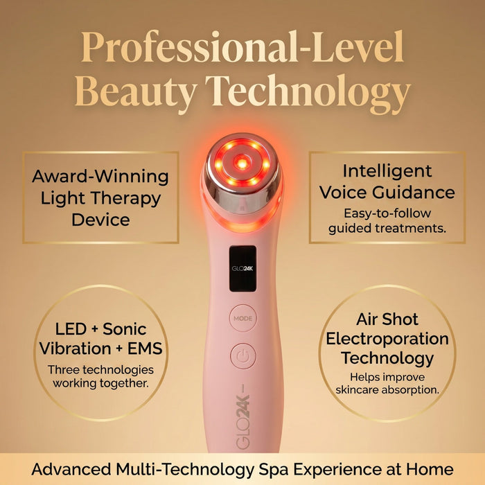 A pink handheld beauty device with a glowing red light therapy head is centered on a warm beige background with promotional text callouts about LED, sonic vibration, EMS, voice guidance, and air shot electroporation technology.
