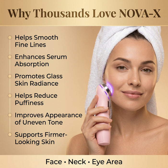 A woman with a white towel wrapped around her hair holds a pink NOVA-X facial device against her cheek. The image includes text listing benefits such as smoothing fine lines, enhancing serum absorption, promoting skin radiance, reducing puffiness, improving uneven tone, and supporting firmer-looking skin.