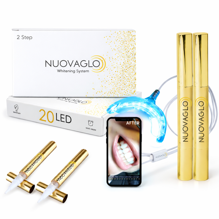 NUOVAGLO teeth whitening system with LED light, applicators, and smartphone displaying 'AFTER' image on a white background.