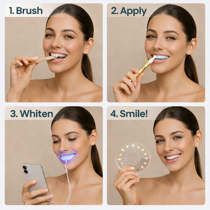 Step-by-step process of teeth whitening with a woman using various products.