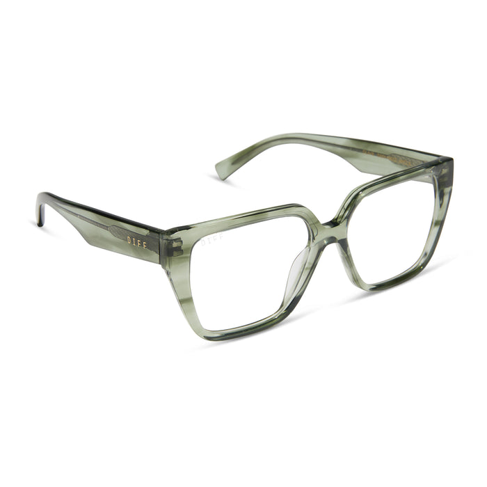 diff eyewear featuring the olive square prescription glasses with a cool matcha green frame and prescription lenses angled view