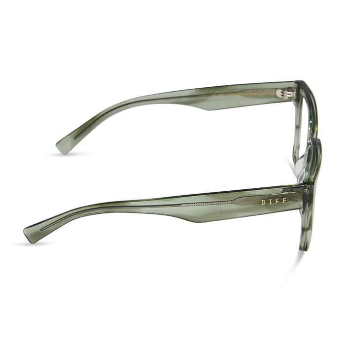 diff eyewear featuring the olive square prescription glasses with a cool matcha green frame and prescription lenses side view