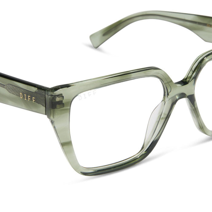 diff eyewear featuring the olive square prescription glasses with a cool matcha green frame and prescription lenses detailed view