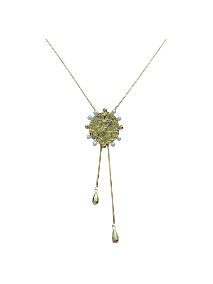 Trendy gold plated Ophelia Necklace with Roman coin and freshwater pearl pendant for everyday look