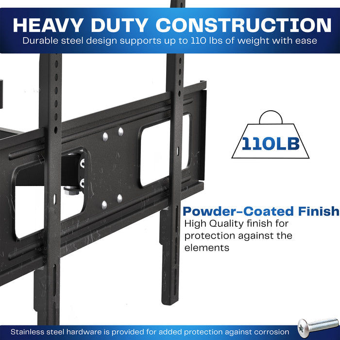 Black full motion TV wall mount with adjustable arms for mounting televisions to the wall.