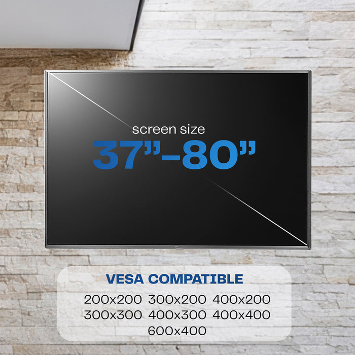 Black full motion TV wall mount with text displaying compatibility.