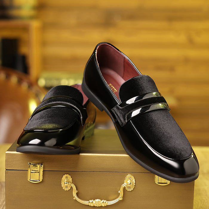 Front view of patent leather contrast panel loafers