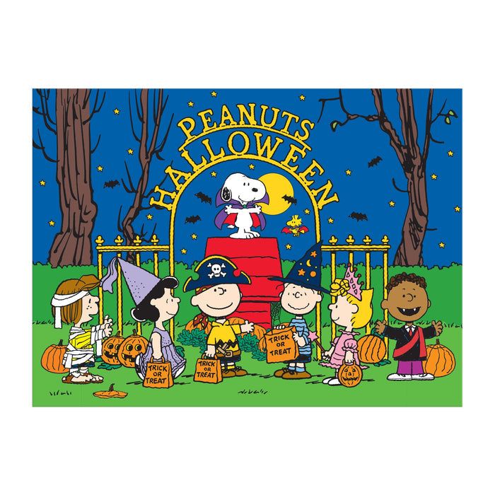 The Peanuts Halloween 1000 Piece Puzzle by Peanuts Worldwide, LLC features Charlie Brown and friends in costumes by a red staircase with pumpkins, Snoopy under a crescent moon, and a festive sign—perfect for Halloween fun.