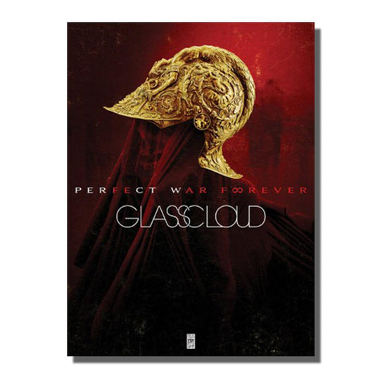 A dramatic poster from Glass Cloud features a golden ornate helmet on a dark figure against red, with PERFECT WAR FOREVER and GLASSCLOUD in bold white. Delivered safely in a poster tube, this design adds mystery to any space.