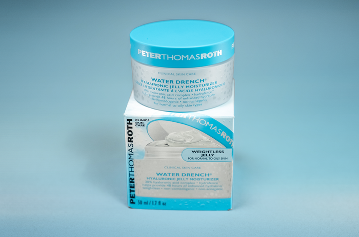Peter Thomas Roth Water Drench Hyaluronic Jelly Moisturizer jar and box on a light blue background