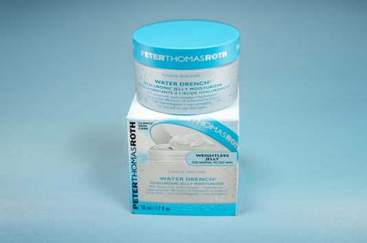 Peter Thomas Roth Water Drench Hyaluronic Jelly Moisturizer jar and box on a light blue background