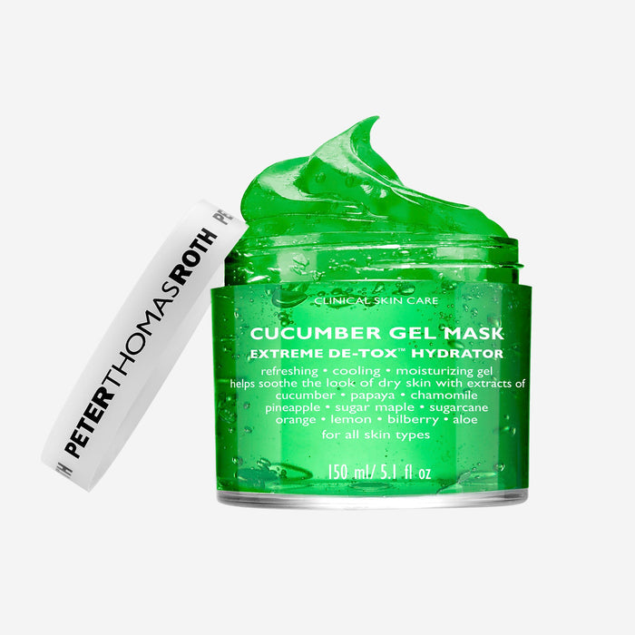 Peter Thomas Roth Cucumber Gel Mask in a clear jar showing bright green gel, with the white cap leaning against it on a light gray background.