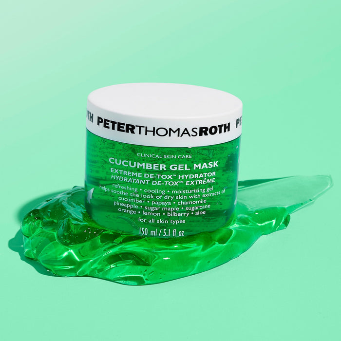Peter Thomas Roth cucumber gel mask jar with green gel on a light green background