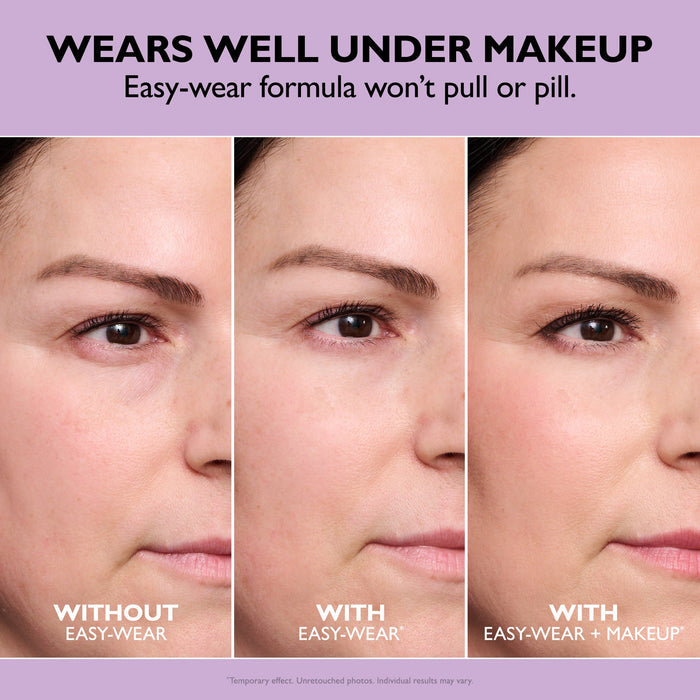 Before and after comparison of eye makeup application with text indicating ease of wear under makeup.