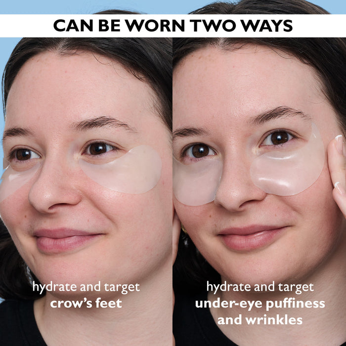 Two views of a woman's face with eye patches, showing different application methods.