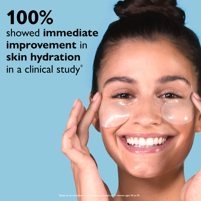 Woman with under-eye patches showing immediate improvement in skin hydration, with text on a blue background.