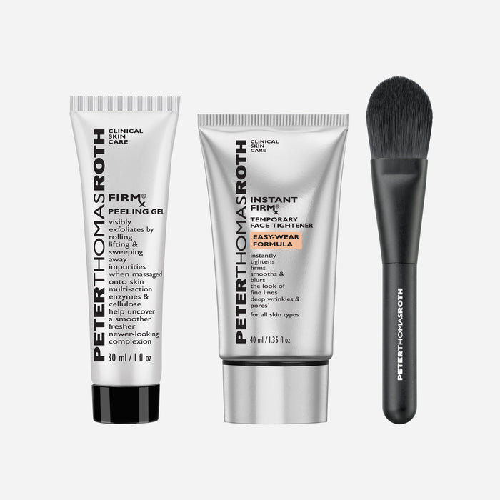 Three Peter Thomas Roth skincare items and a brush on a light gray background: Firming Gel, Instant Fire Temporary Face Tightener, and a makeup brush.