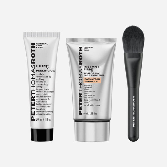 Three Peter Thomas Roth skincare items and a brush on a light gray background: Firming Gel, Instant Fire Temporary Face Tightener, and a makeup brush.