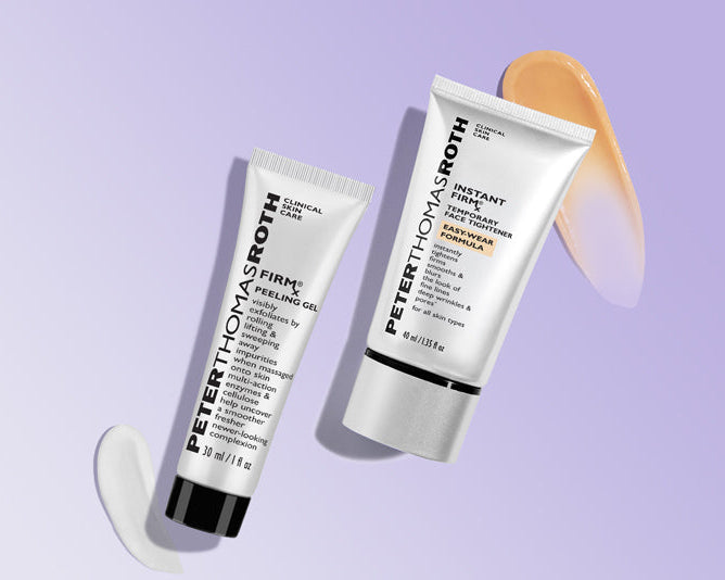 Two white cosmetic tubes from Peter Thomas Roth, one labeled 'PFTF Smooth' with a black cap and one labeled 'PFTF Smooth' with an orange cap, displayed on a light lavender background with cream smears.