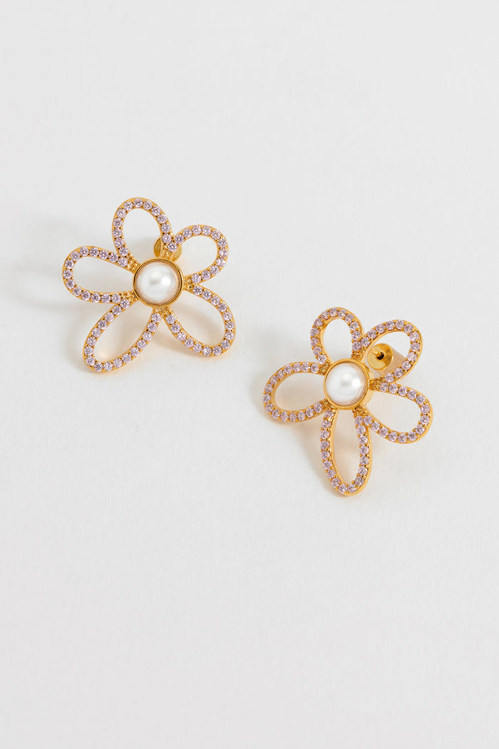 Pink Tennis Chain and Pearl Flower Earrings