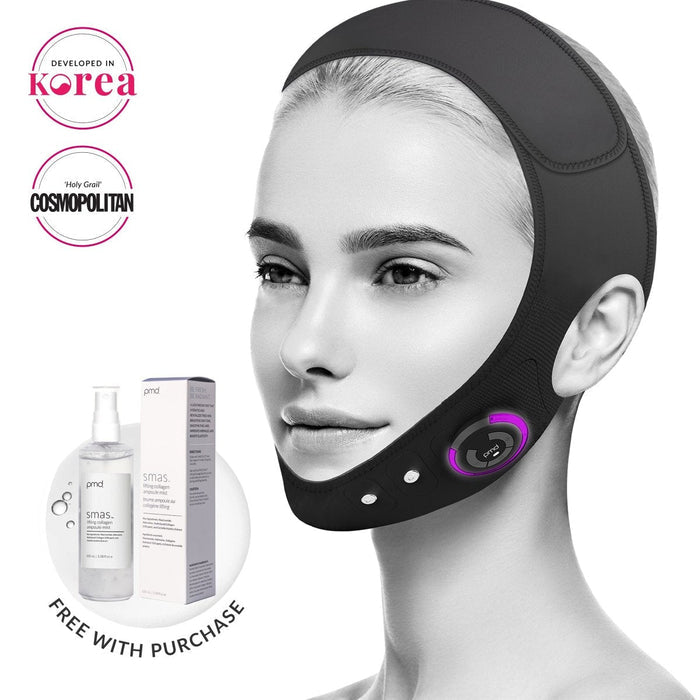 Woman wearing a black face lifting mask with cosmetic products and branding elements on a white background.
