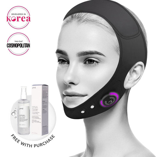 Woman wearing a black face lifting mask with cosmetic products and branding elements on a white background.