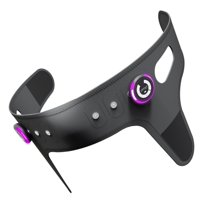 Black headband with purple accents and brand logo on a white background