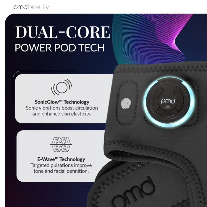 PMD beauty device with dual-core power pod technology features on a dark background