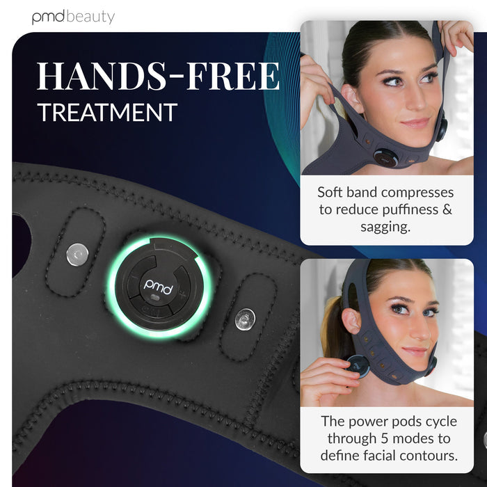PMD Beauty hands-free facial treatment device with text on benefits