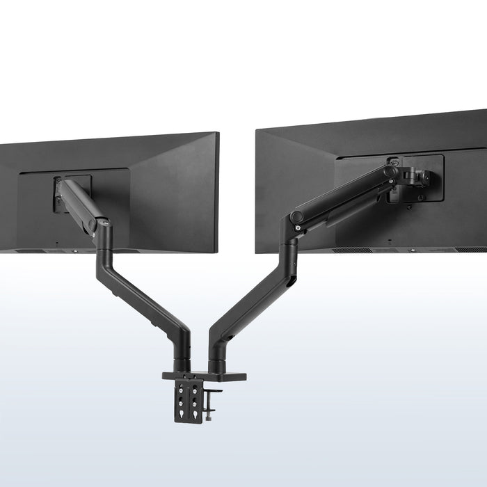 A dual monitor desk mount with pneumatic arms, capable of supporting ultrawide screens in black color.