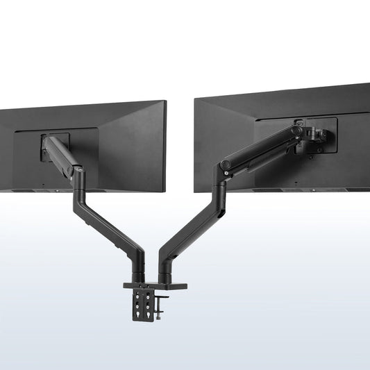 A dual monitor desk mount with pneumatic arms, capable of supporting ultrawide screens in black color.