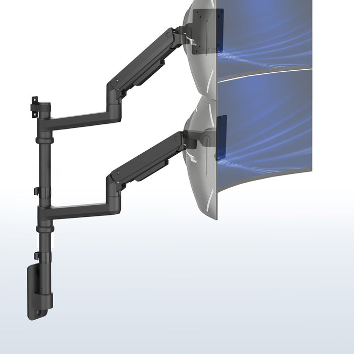 A black pneumatic arm dual ultrawide monitor wall mount holding two monitors side by side against a white background.